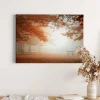 Bricoflor Leinwand Bild Mit Herbstwald Orange Braun Keilrahmen Bild Mit Wald Im Nebel Ideal Für Schlafzimmer Und Flur Herbst Leinwandbild Mit Parkbank