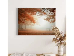 Bricoflor Leinwand Bild Mit Herbstwald Orange Braun Keilrahmen Bild Mit Wald Im Nebel Ideal Für Schlafzimmer Und Flur Herbst Leinwandbild Mit Parkbank