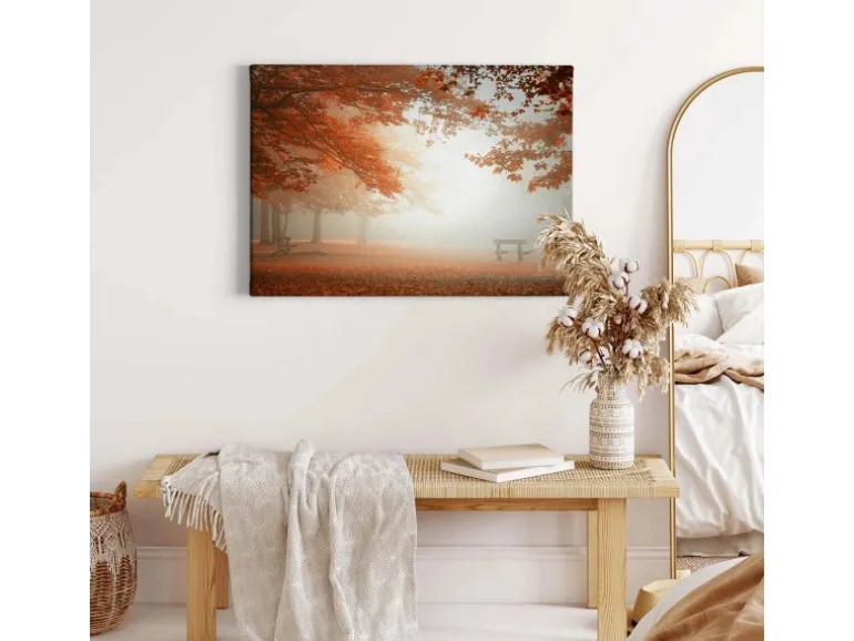 Bricoflor Leinwand Bild Mit Herbstwald Orange Braun Keilrahmen Bild Mit Wald Im Nebel Ideal Für Schlafzimmer Und Flur Herbst Leinwandbild Mit Parkbank