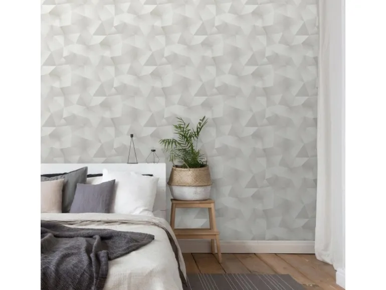 Bricoflor Metallic Vliestapete Geometrisch Weiße Tapete mit Dreieck Design in 3D Optik Grafische Mustertapete in Weiß Grau für Büro und Schlafzimmer