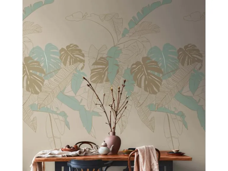 Bricoflor Monstera Tapete In Beige Mint Gold Moderne Fototapete Mit Palmenblättern Vlies Mustertapete Ideal Für Wohnzimmer