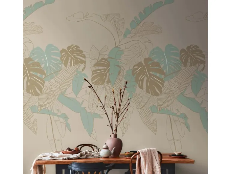 Bricoflor Monstera Tapete In Beige Mint Gold Moderne Fototapete Mit Palmenblättern Vlies Mustertapete Ideal Für Wohnzimmer