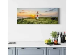 Bricoflor Sylt Bild Auf Leinwand Maritimes Bild Mit Leuchtturm Ideal Für Schlafzimmer Und Esszimmer Sonnenuntergang Wandbild Mit Dünen An Nordsee