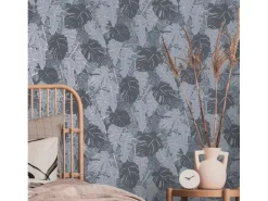 Bricoflor Tapete Monster Pflanzen Palmenblätter Vliestapete in Blau Silber Moderne Mustertapete in Dunkelblau für Schlafzimmer