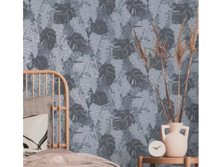 Bricoflor Tapete Monster Pflanzen Palmenblätter Vliestapete in Blau Silber Moderne Mustertapete in Dunkelblau für Schlafzimmer