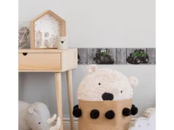 Bricoflor Traktor Tapeten Bordüre Bauernhof Kinderzimmer Tapete für Jungen in Grau und Grün Vlies Tapetenbordüre Ideal für Jungenzimmer