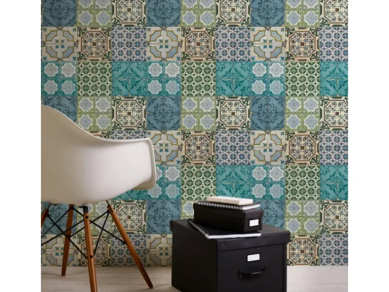 Bricoflor Türkise Tapete in Fliesenoptik Orientalische Mosaik Tapete Ideal für Küche und Wohnzimmer Boho Vliestapete im Vintage Stil