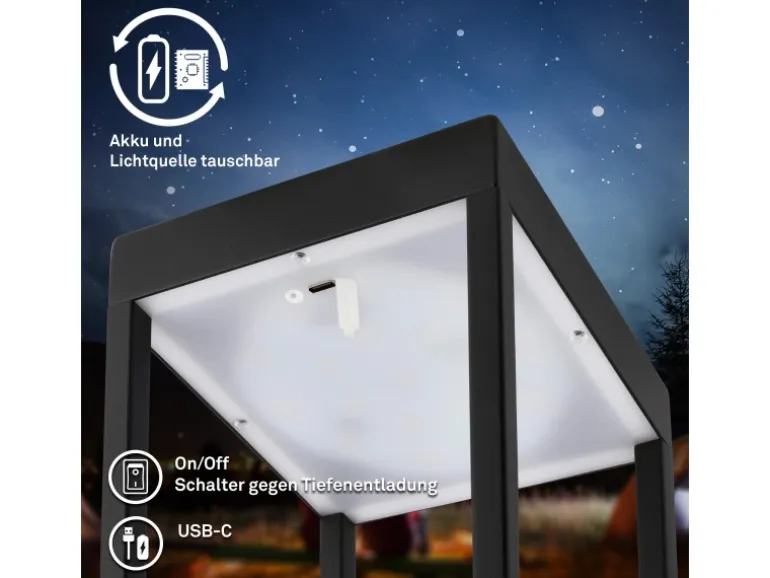 Brilo LED Laterne Luca Touch Dimmbar IP44 Spritzwassergeschützt Schwarz