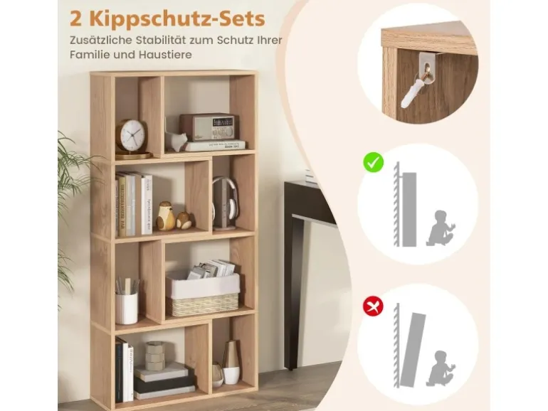 Costway Bücherregal mit 4 Ebenen Standregal mit 8 Fächern Natur