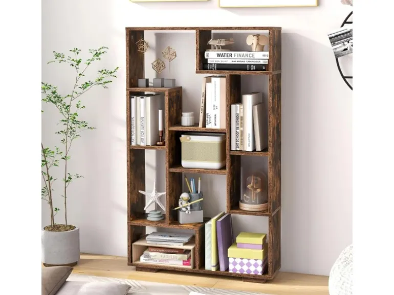 Costway Bücherregal mit 9 Fächern Standregal Braun 120cm