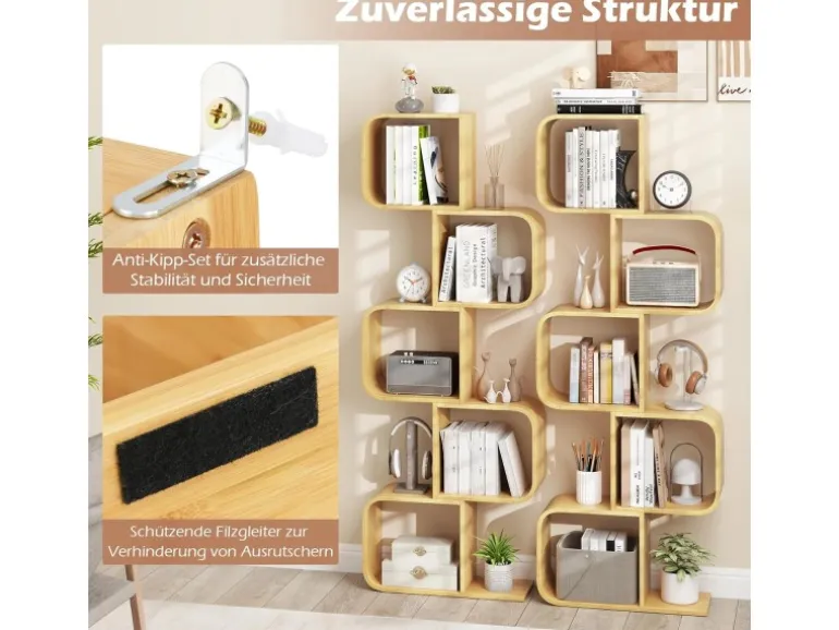 Costway Bücherregal S-förmig Aus Bambus Würfelregal mit 5 Etagen