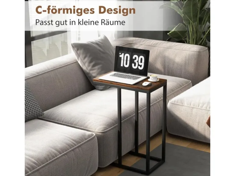 Costway Beistelltisch C-Form Sofatisch mit Metallgestell Braun