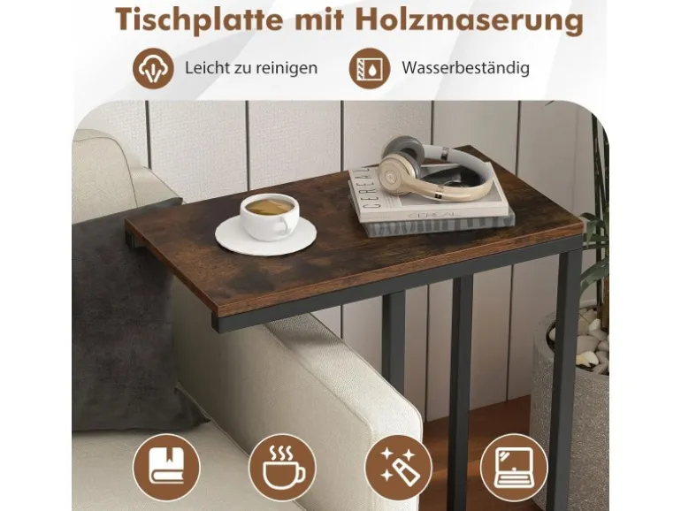 Costway Beistelltisch C-Form Sofatisch mit Metallgestell Braun