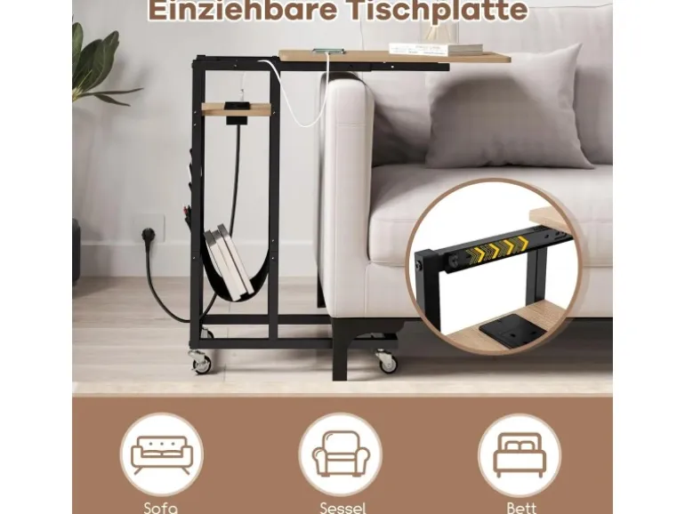 Costway Beistelltisch C-förmig mit Ladestation Sofatisch Grau
