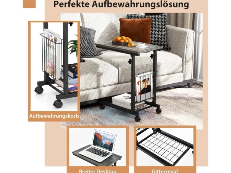 Costway Beistelltisch mit Rollen Laptoptisch Höhenverstellbar Grau