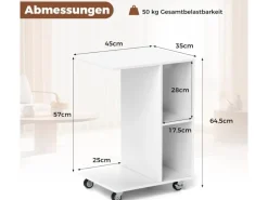 Costway Beistelltisch mit Rollen Sofatisch C-Form Nachttisch Weiß