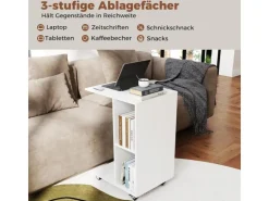 Costway Beistelltisch mit Rollen Sofatisch C-Form Nachttisch Weiß