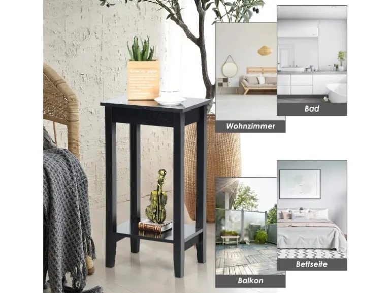 Costway Beistelltisch mit Regal 2-Stöckiger & 4 Massivholzbeinen Black