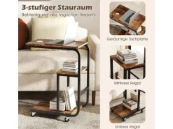 Costway Beistelltisch Sofatisch mit Rollen C-Form 3 Ebenen Kaffeetisch