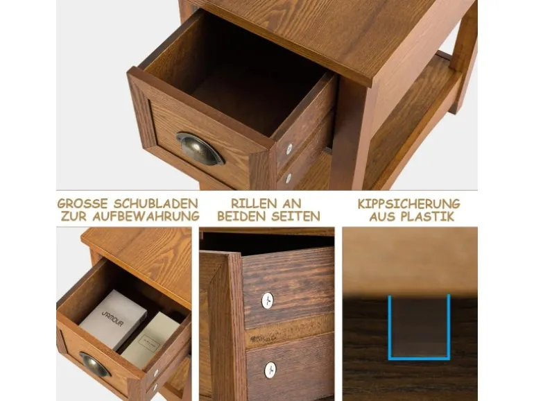 Costway 2er Set Beistelltisch mit Schublade und Ablage Gelbbraun