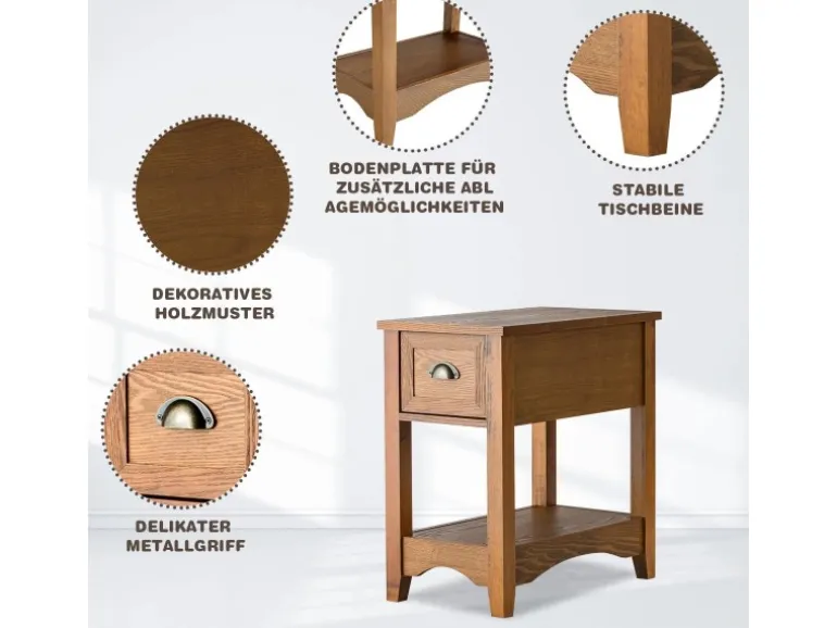 Costway 2er Set Beistelltisch mit Schublade und Ablage Gelbbraun