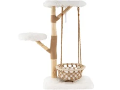 Costway Kratzbaum Holz mit Hängekorb Seil Echten Holzästen 123 cm Weiß