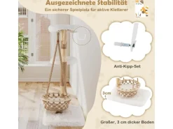Costway Kratzbaum Holz mit Hängekorb Seil Echten Holzästen 123 cm Weiß