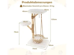 Costway Kratzbaum Holz mit Hängekorb Seil Echten Holzästen 123 cm Weiß