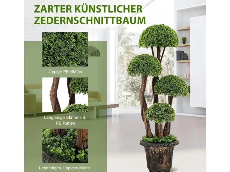 Costway Kunstpflanze mit 4 Kugeln & Realistischem Stamm Grün 90 cm