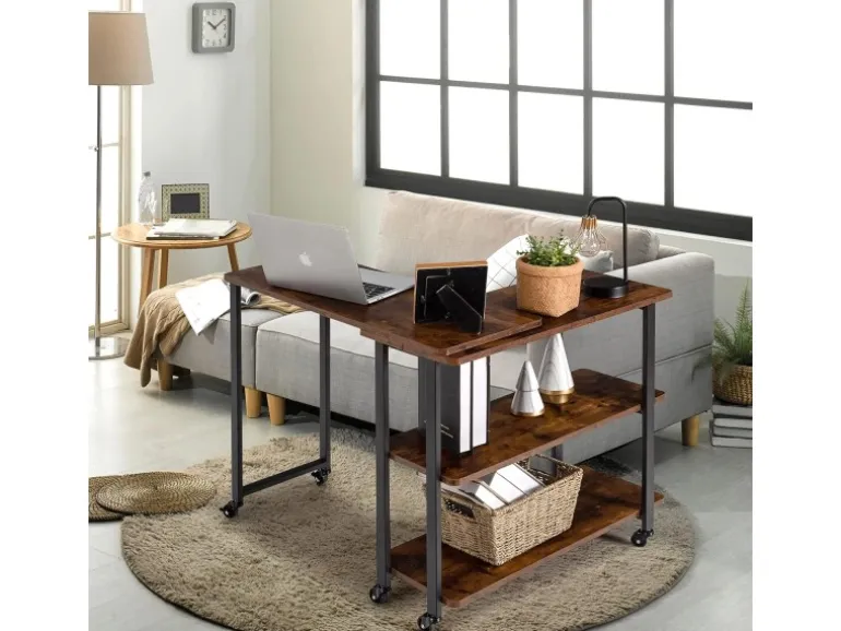 Costway L-förmiger Beistelltisch mit Rollen 360° Drehbar PC-Tisch