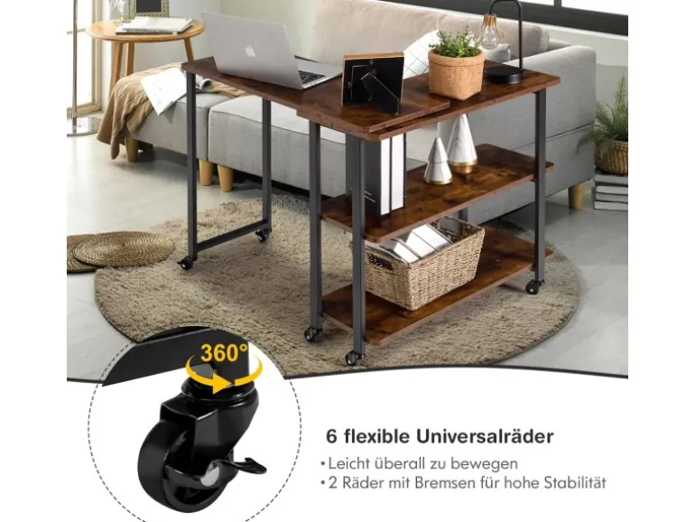 Costway L-förmiger Beistelltisch mit Rollen 360° Drehbar PC-Tisch