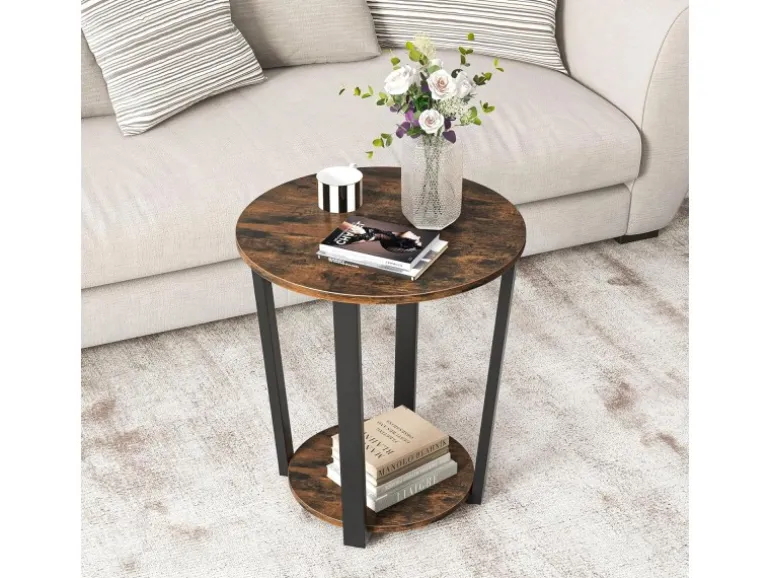 Costway Runder Beistelltisch Sofatisch mit Metallrahmen Braun