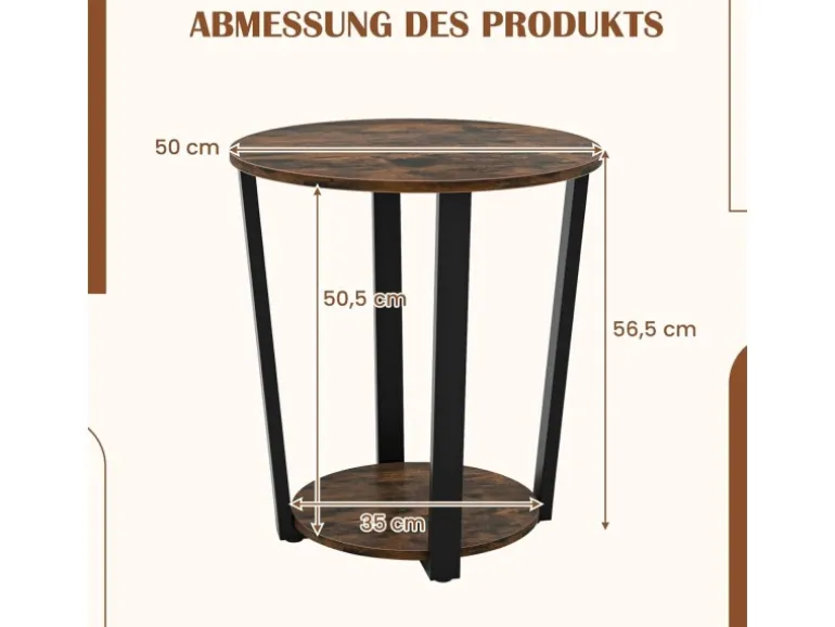 Costway Runder Beistelltisch Sofatisch mit Metallrahmen Braun