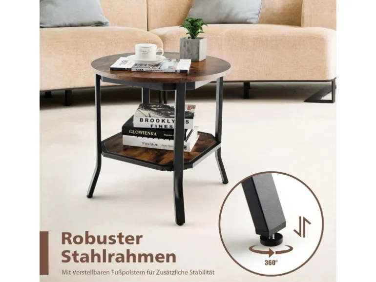 Costway Runder Beistelltisch Industriell Vintagebraun 50 x 50 x 49,5cm