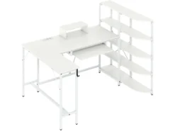 Costway Schreibtisch L-Form mit Ladestation & Bücherregal Weiß