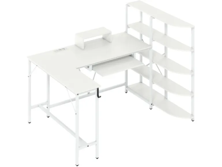 Costway Schreibtisch L-Form mit Ladestation & Bücherregal Weiß