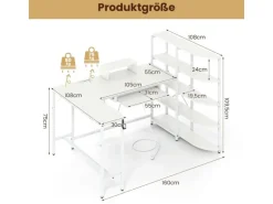 Costway Schreibtisch L-Form mit Ladestation & Bücherregal Weiß