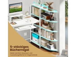 Costway Schreibtisch L-Form mit Ladestation & Bücherregal Weiß