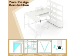 Costway Schreibtisch L-Form mit Ladestation & Bücherregal Weiß