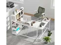 Costway Schreibtisch L-Form mit Ladestation & Bücherregal Weiß