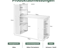Costway Schreibtisch mit Bücherregal 122 x 56 x 122 cm Weiß
