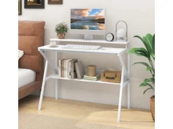 Costway Schreibtisch mit Monitorständer PC-Tisch mit Regal Weiß