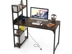 Costway Schreibtisch mit Ladestation Braun