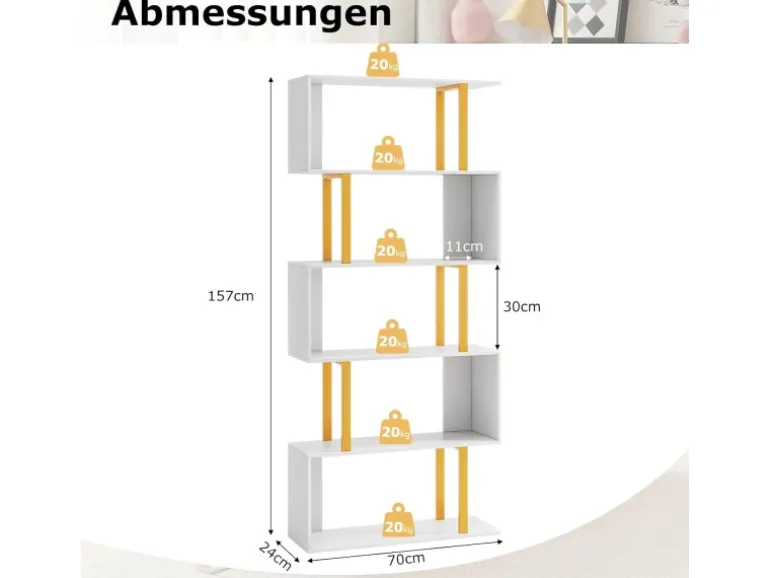 Costway Standregal mit 5 Ebenen S-förmig Büroregal Freistehend Weiß