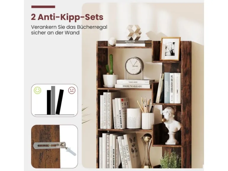 Costway 6-stöckiges Bücherregal Holzregal mit 2 Kippsicherungen Braun