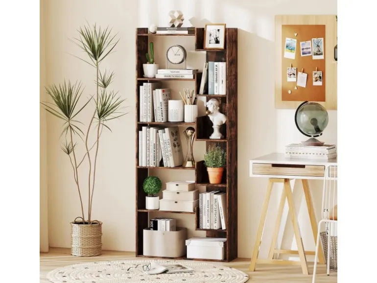 Costway 6-stöckiges Bücherregal Holzregal mit 2 Kippsicherungen Braun