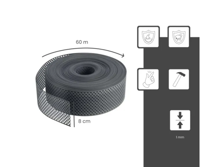 Daprona Lüftungsband Traufgitter 60m x 80mm PVC Gerollt Schwarz