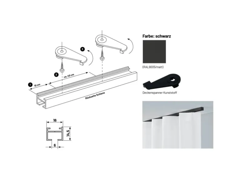 Deco-Raum Gardinenschiene nach Maß 1-Lauf Square Schwarz 160cm