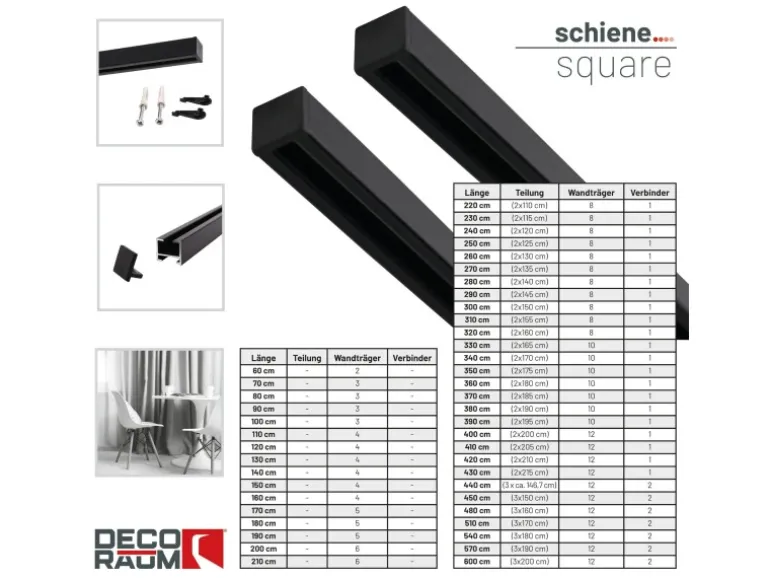 Deco-Raum Gardinenschiene nach Maß 1-Lauf Square Schwarz 160cm