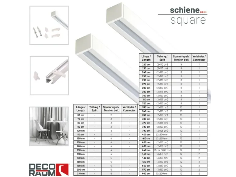 Deco-Raum Gardinenschiene nach Maß 1-Lauf Square Weiß 480cm